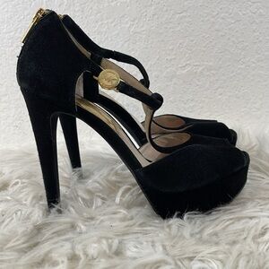 MICHAEL MICHAEL KORS Suede T Strap Platform Stiletto Pump Black Women's Size 7.5